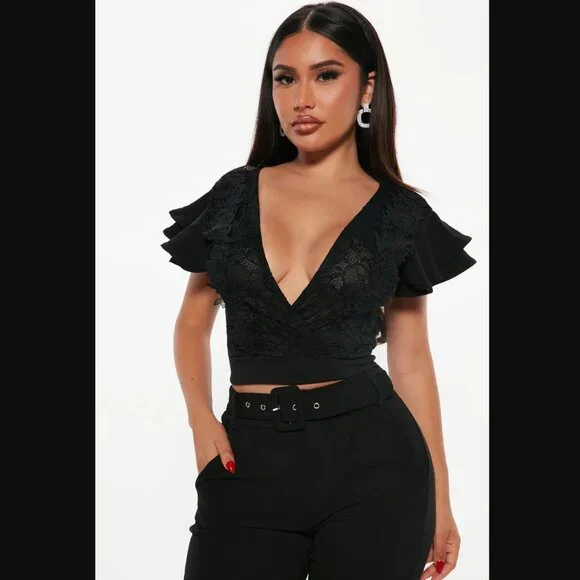 Amanza Ruffle Sleeve Black Lace Blouse / Size Small - Picture 1 of 10